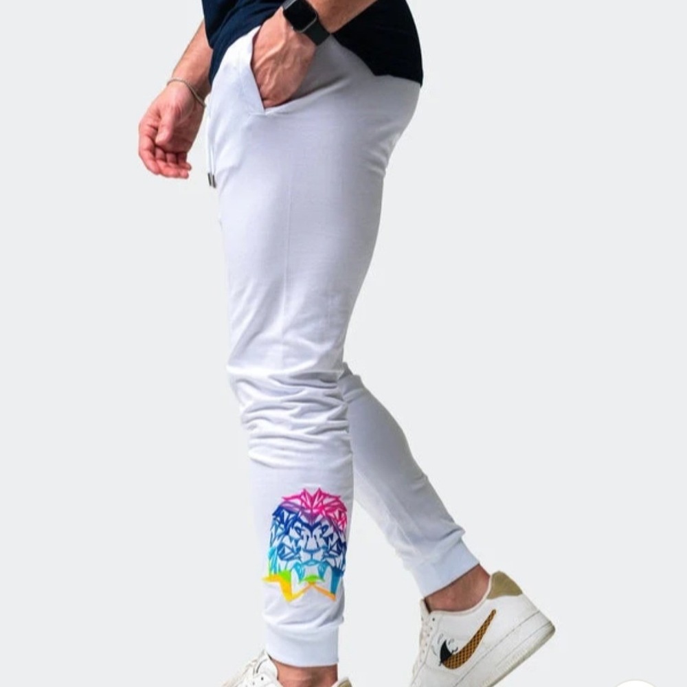 Maceoo Joggers Geometric Rainbow Lion Graphic White Slim Mens L NWOT